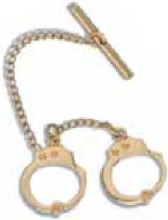 Nickel tie tack with hanging handcuff-