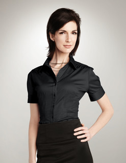 Ashley-Womens 96% Cotton 4% Spandex Solid Satin Woven Shirts-