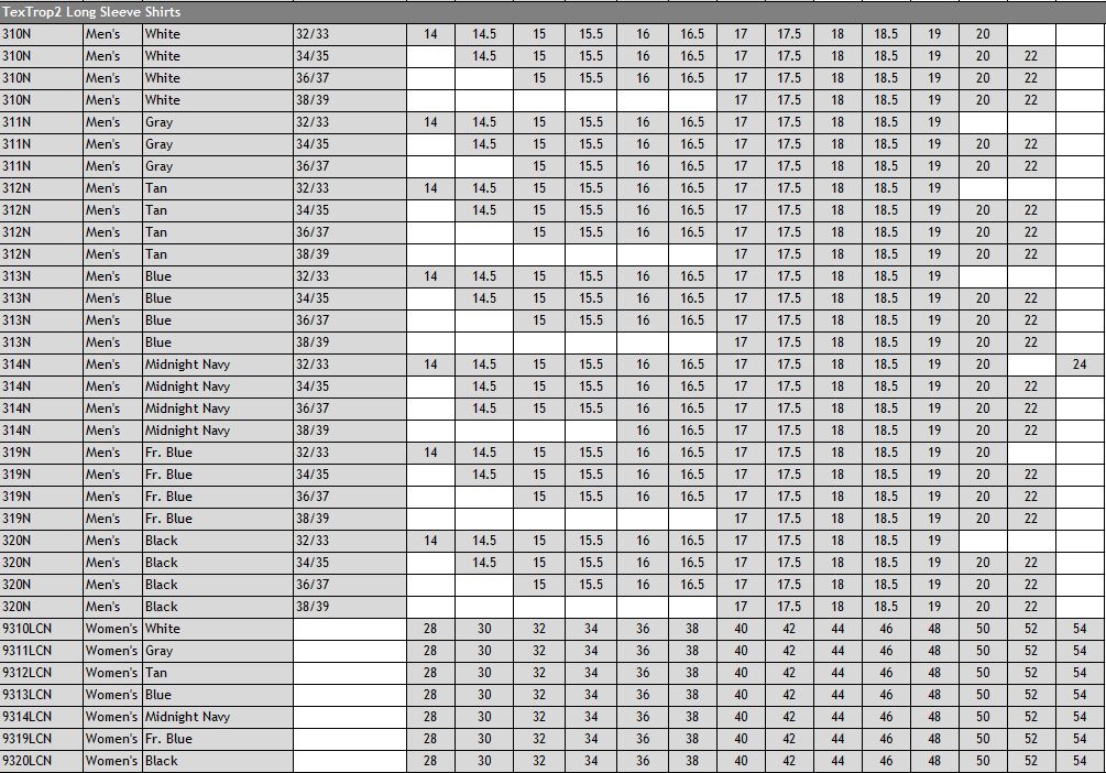 men's long sleeve shirt size chart