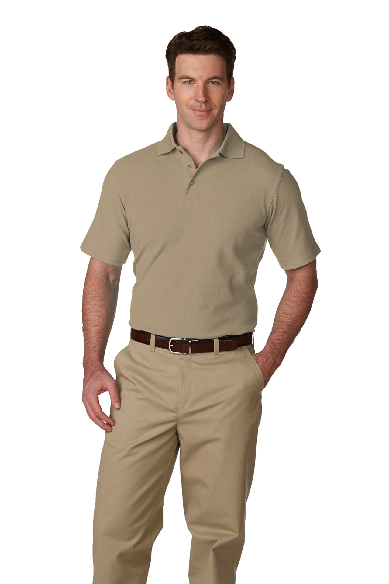 white polo shirt and khaki pants