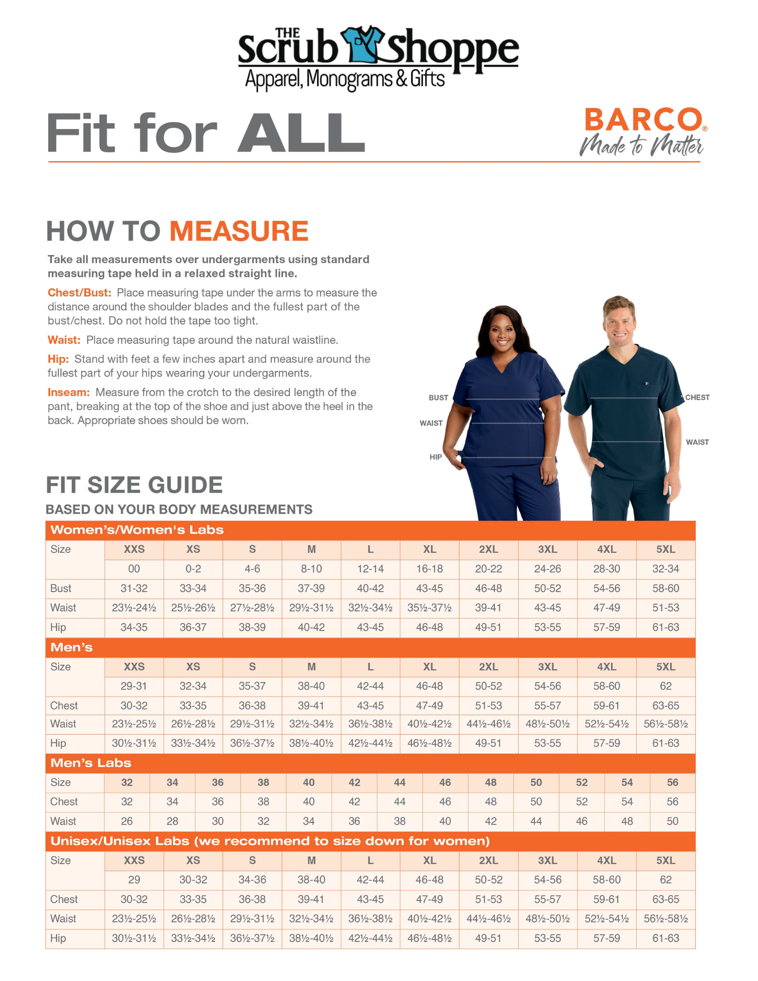 Barco One / Skechers / Grey's Anatomy Scrubs Size Chart