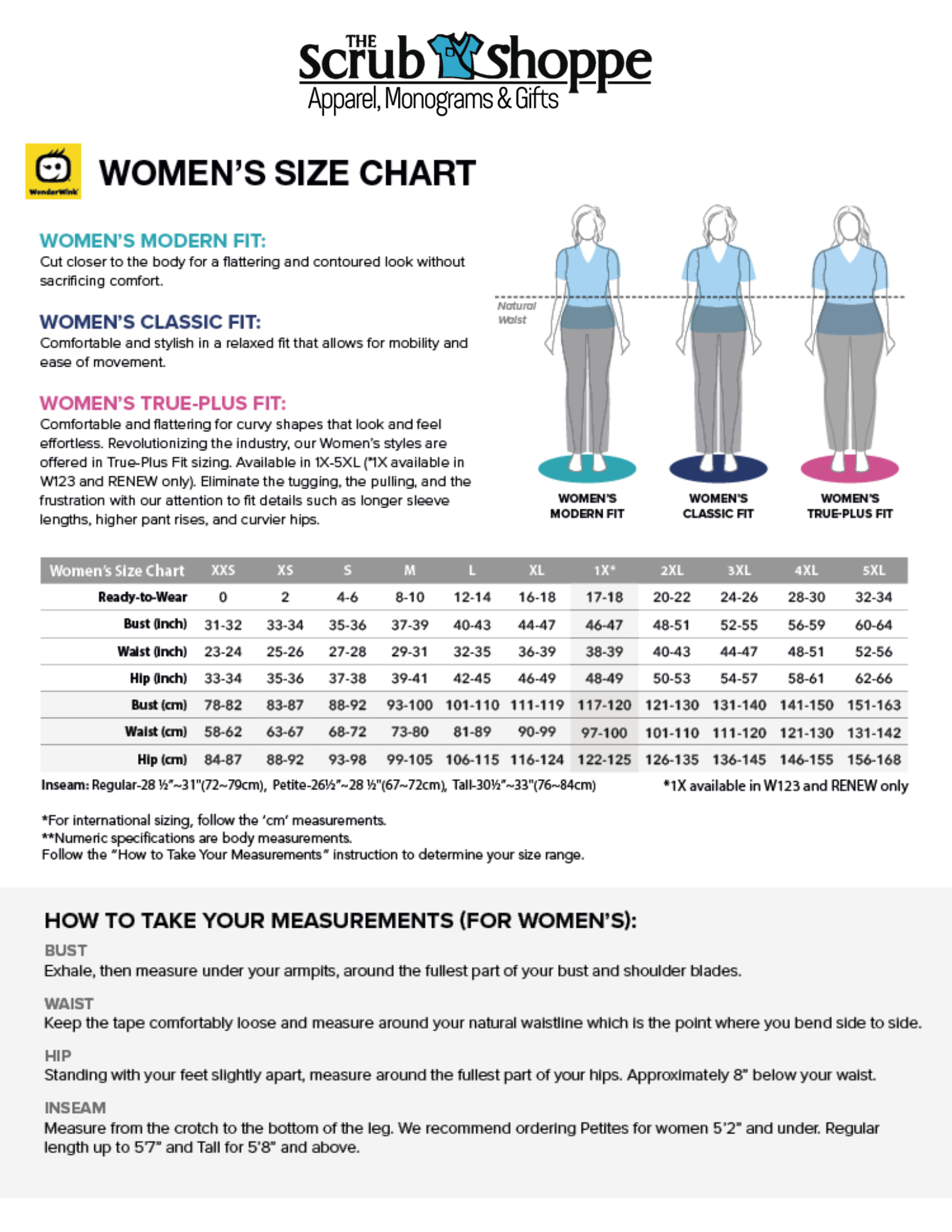 WonderWink Scrubs Size Chart