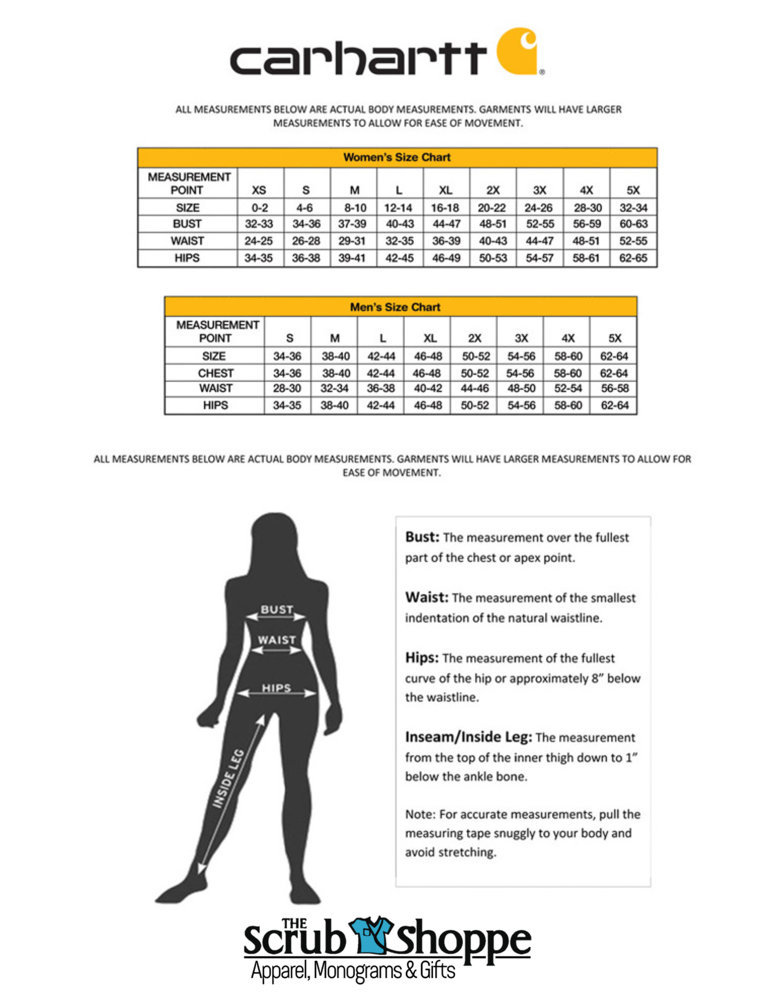 Carhartt Size Chart - Women's - Scrubs 'n Such