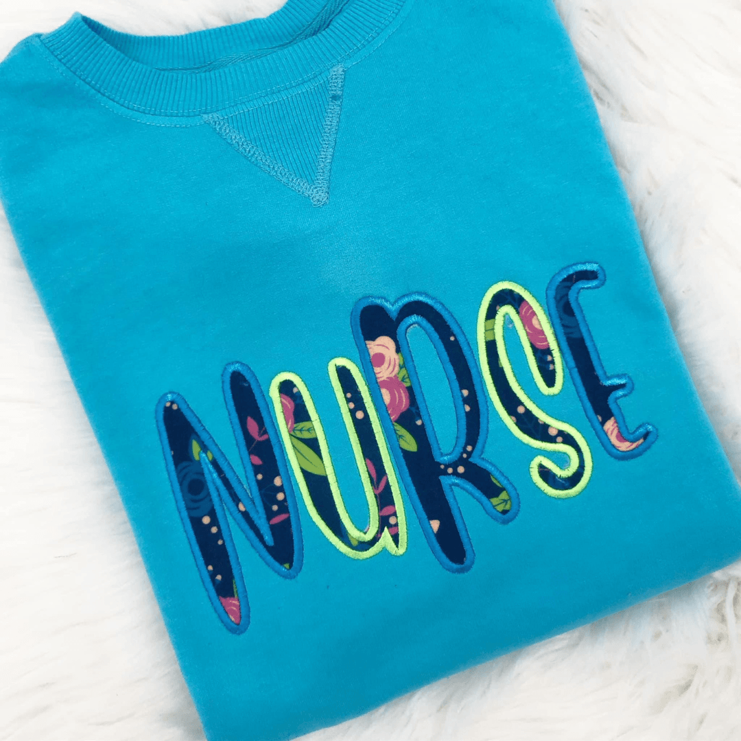 Nurse Applique Blue Floral Beach Wash Sweatshirt-The Scrub Shoppe