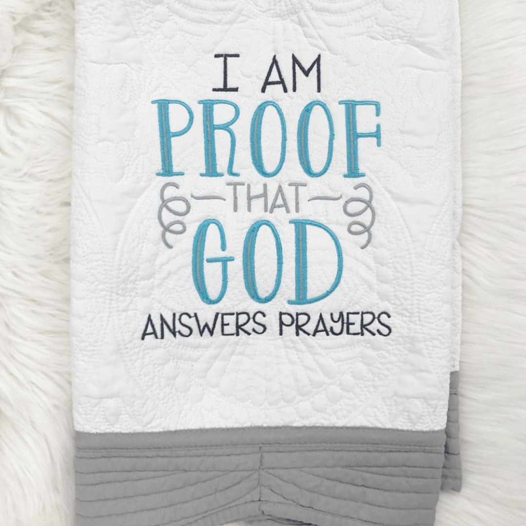 God Answers Prayers Quilted Heirloom Baby Blanket Grey Trim-Ky Stitch Craft