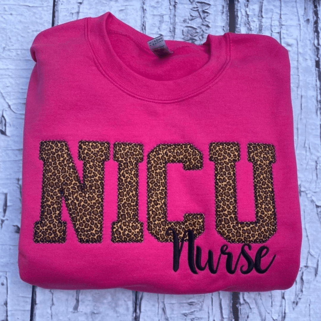NICU Nurse Applique Leopard Crewneck Sweatshirt-The Scrub Shoppe