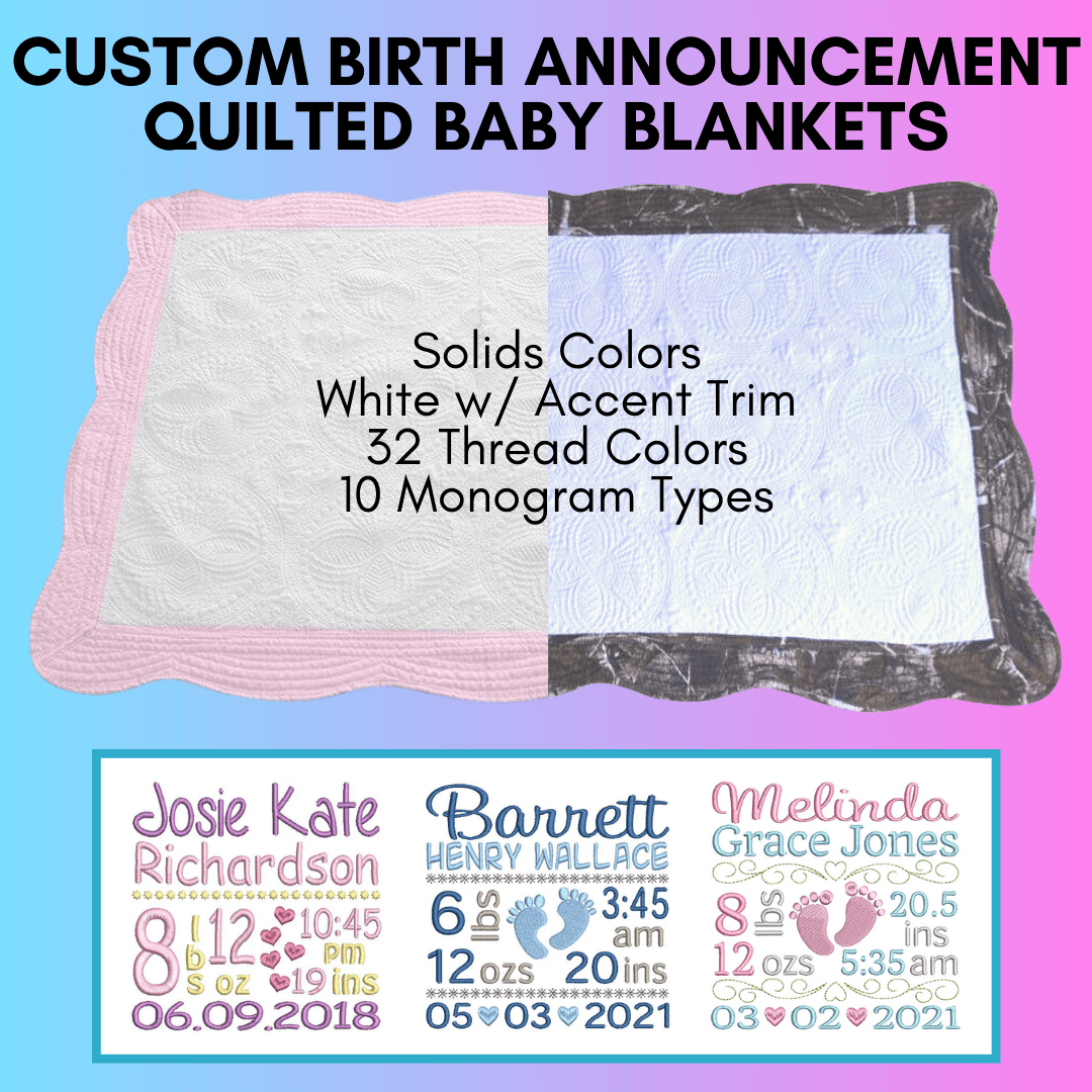 CUSTOM Birth Announcement Quilted Heirloom Baby Blanket-The Scrub Shoppe