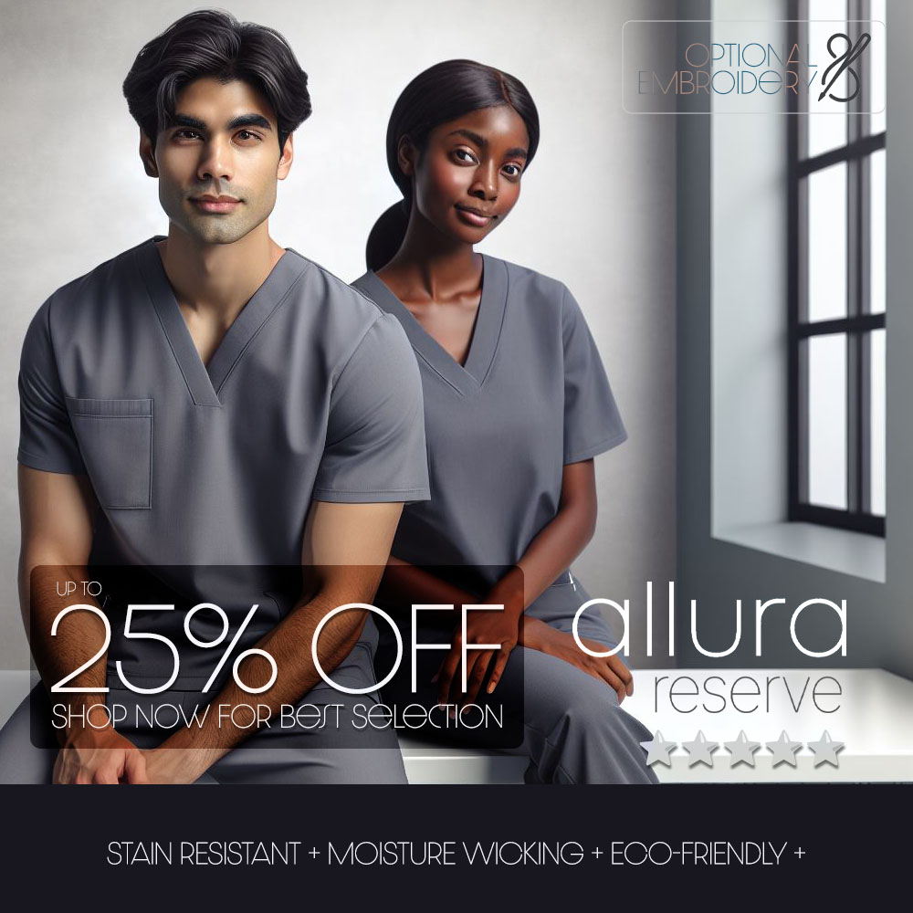 ALLURA RESERVE | EXCLUSIVE MEDICAL SCRUBS FLATTERING | FUNCTIONAL | SOFT | 360 DEGREE PERFORMANCE STRETCH | EASY CARE | MOISTURE WICKING | MONOGRAMMING