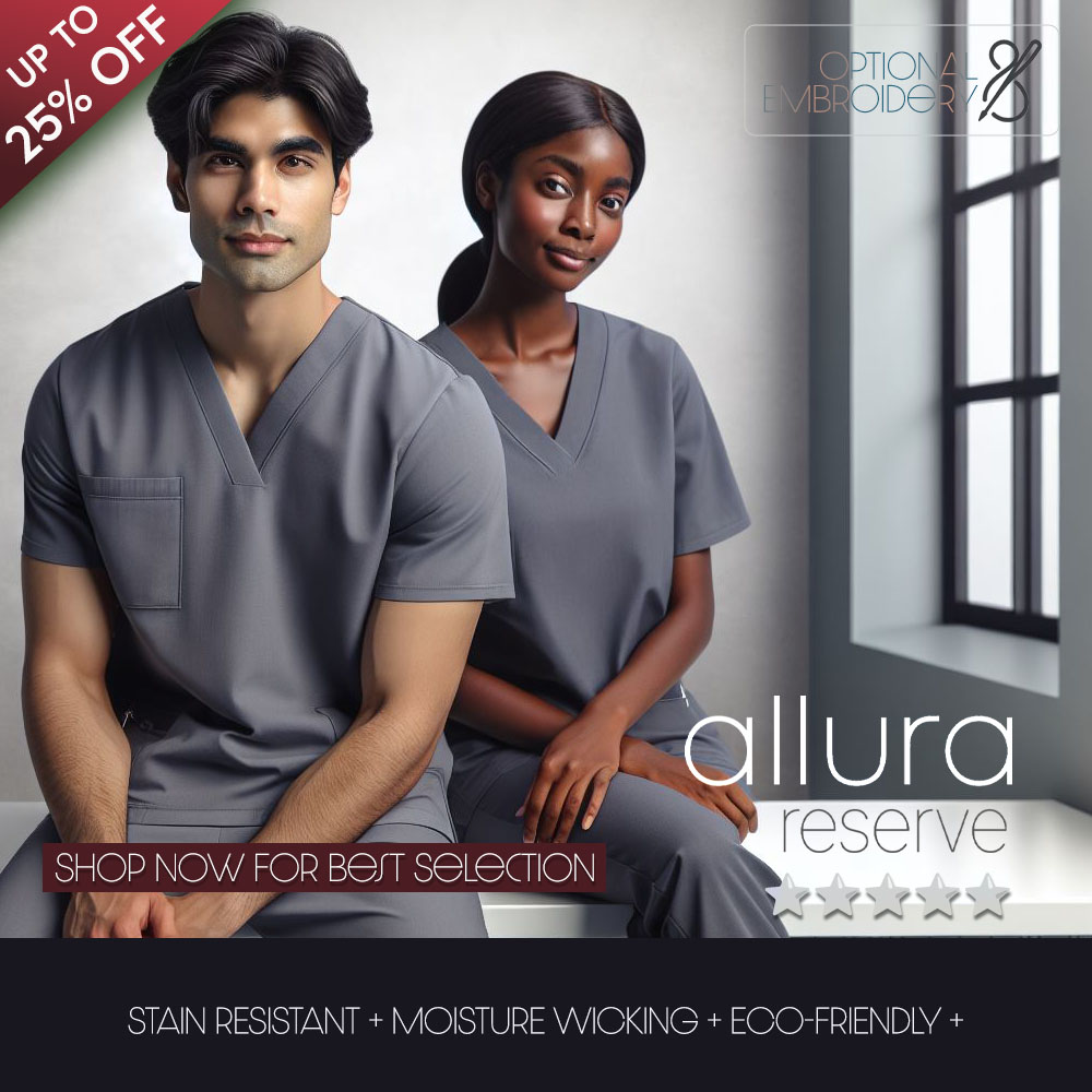 ALLURA RESERVE | EXCLUSIVE MEDICAL SCRUBS FLATTERING | FUNCTIONAL | SOFT | 360 DEGREE PERFORMANCE STRETCH | EASY CARE | MOISTURE WICKING | MONOGRAMMING