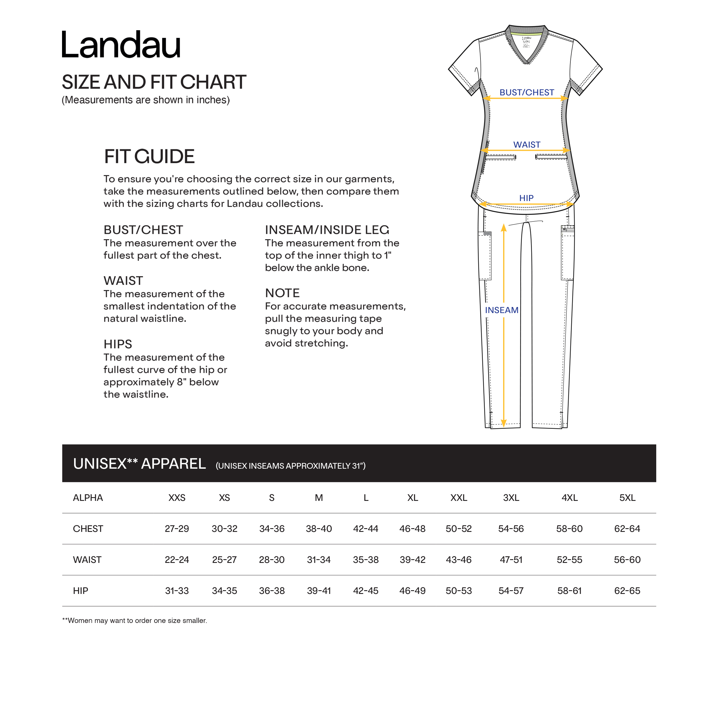 Landau ProFlex Men's and Unisex Scrubs Size Chart