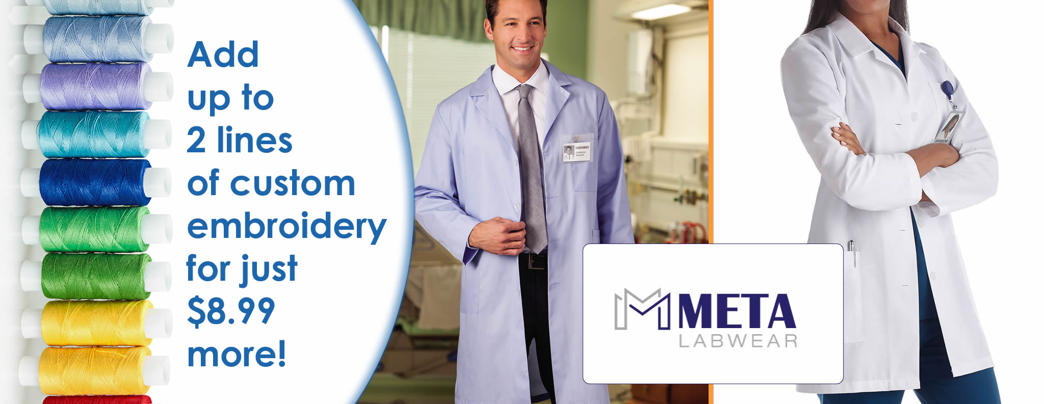 Meta brand labcoats for men and women with optional monogramming