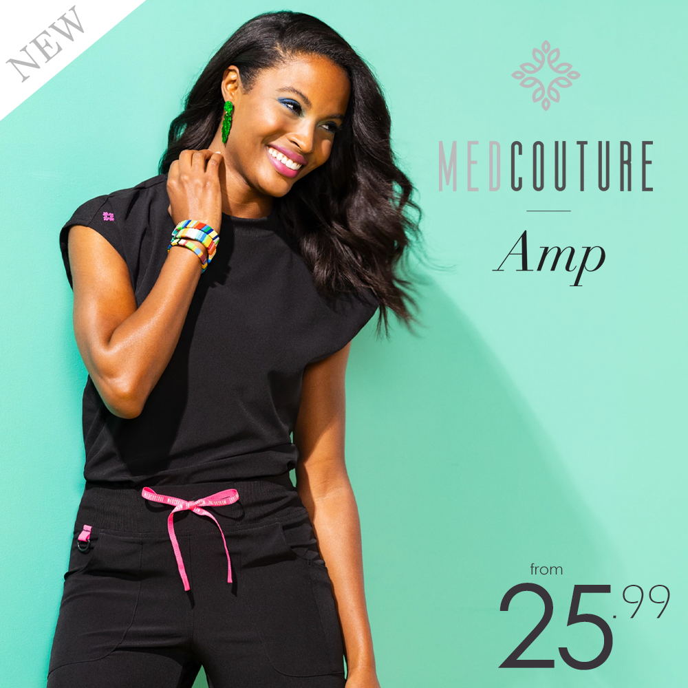 Med Couture AMP medical scrubs are moisture wicking with four-way performance stretch