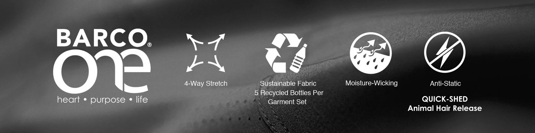 Shop sustainable Barco One uniforms and scrubs. With 4 way stretch, sustainable fabric, moisture wicking technology and anti-static properties to quick shed animal hair. See annd feel the difference Barco Made medical apparel makes.